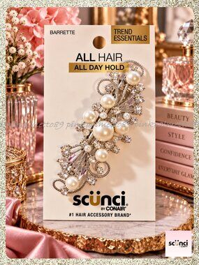 ✨💎 scünci Pearl Rhinestone Barrette Silver Trend Essentials Glam Hair Clip